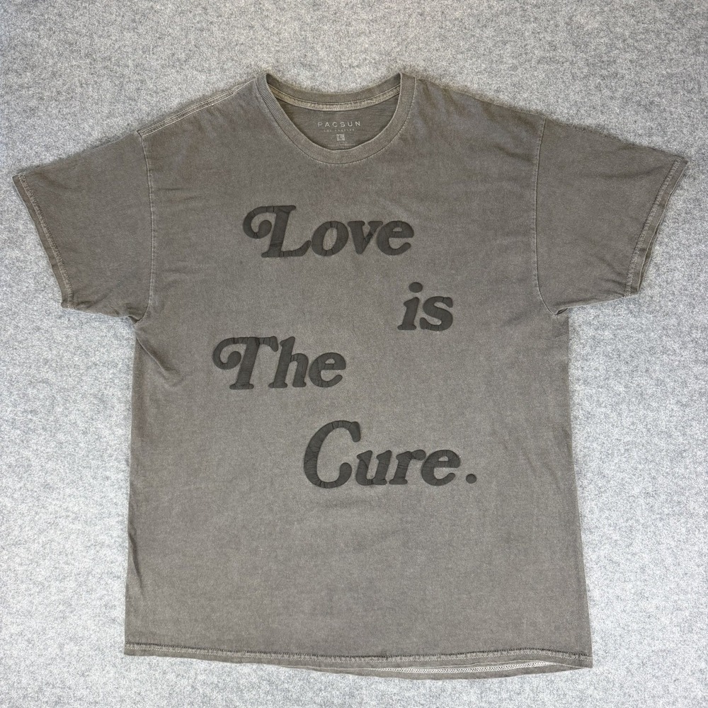 PacSun Gray "Love Is The Cure" Graphic Tee Men's L Regular Fit Crew Neck Cotton